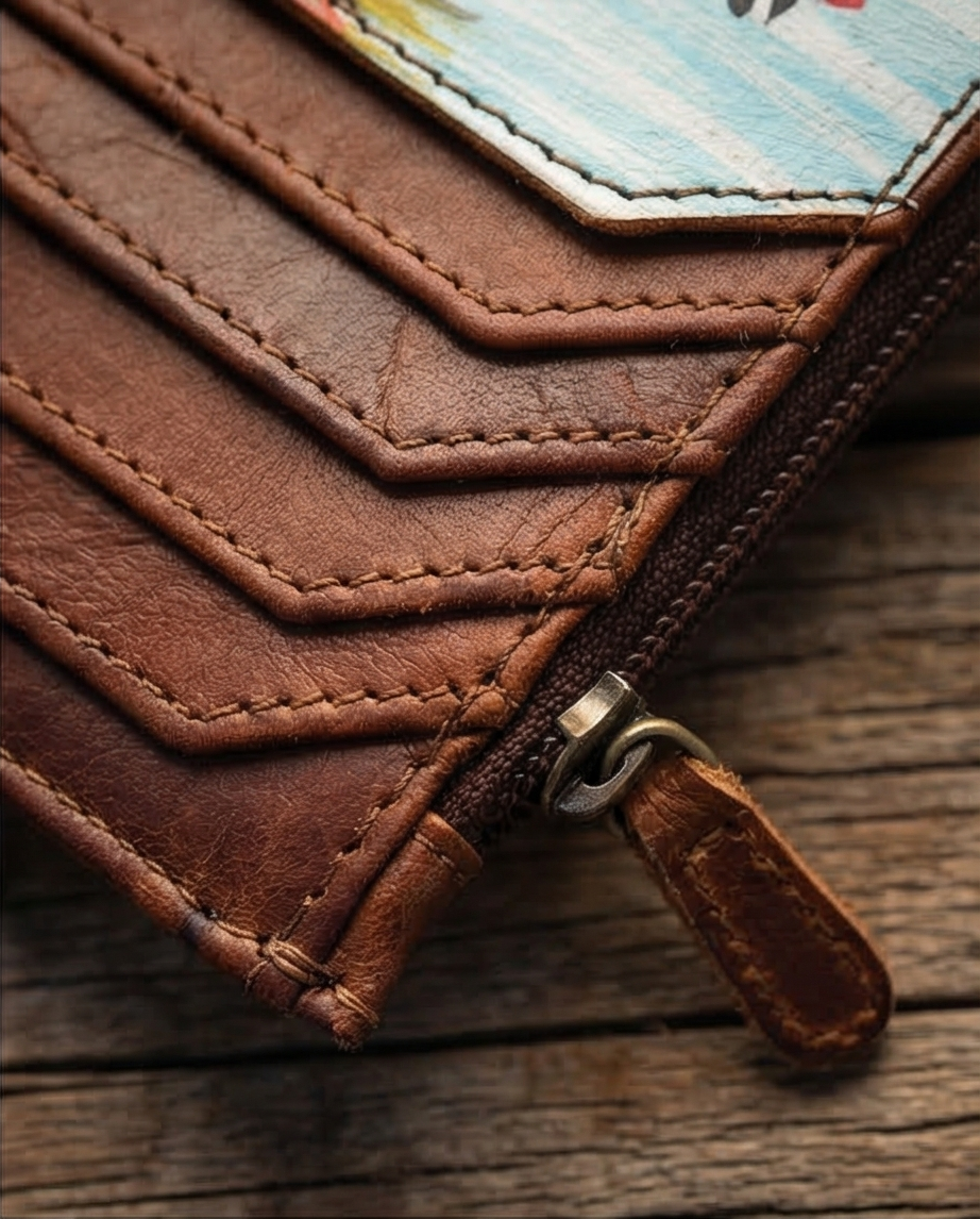 Hand-Painted Card Holder - Western Cowhide Leather Zip Wallet