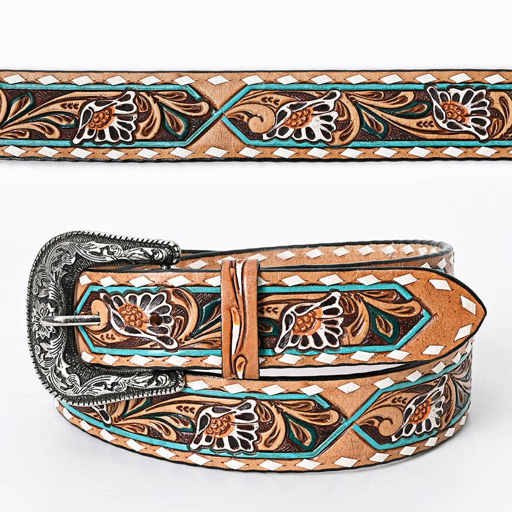 Tooled Leather Belt - White Daisy Floral with Teal Diamond Accents