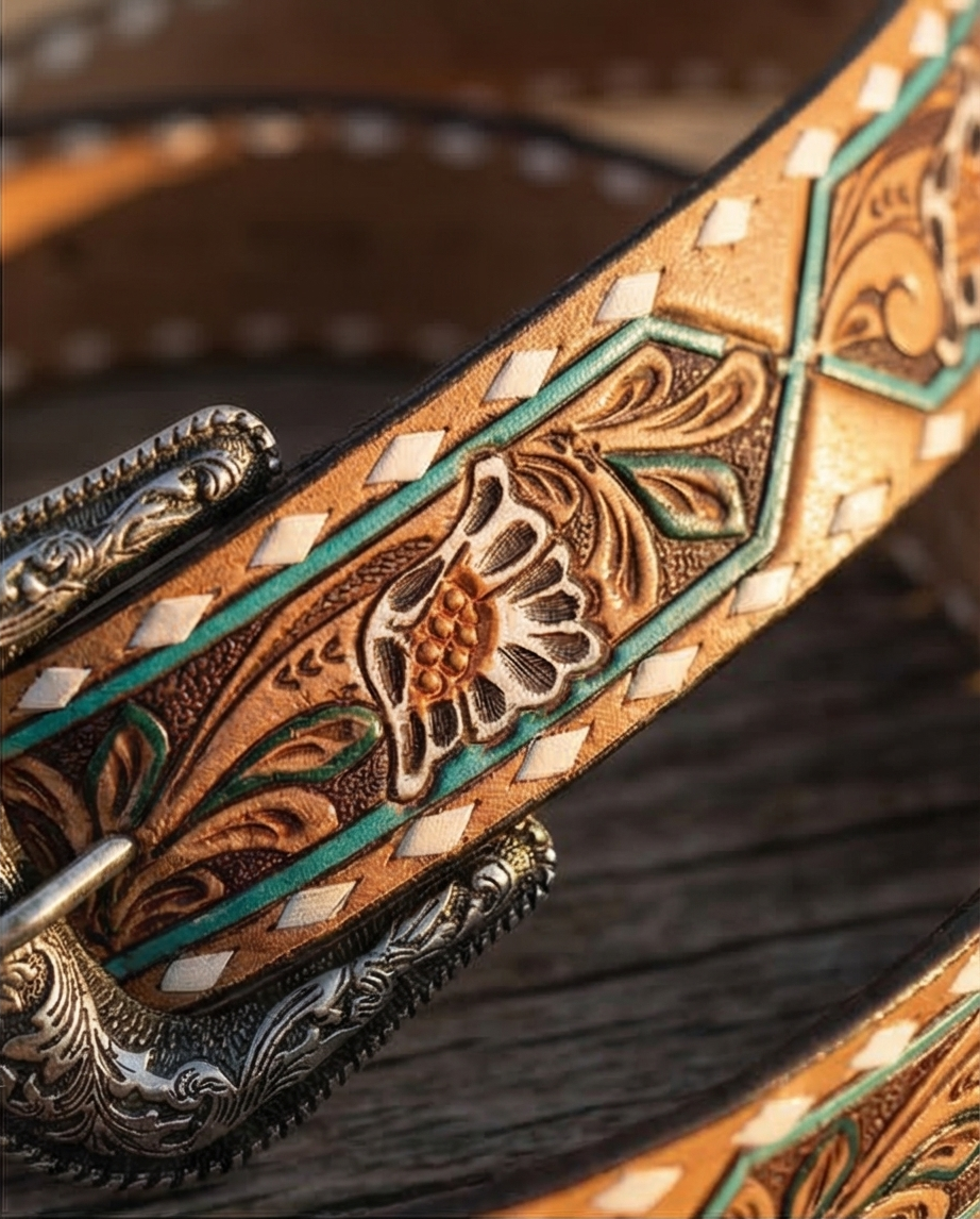 Tooled Leather Belt - White Daisy Floral with Teal Diamond Accents