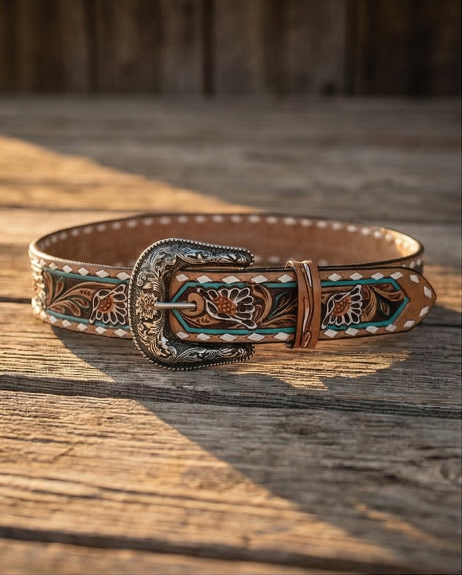 Tooled Leather Belt - White Daisy Floral with Teal Diamond Accents
