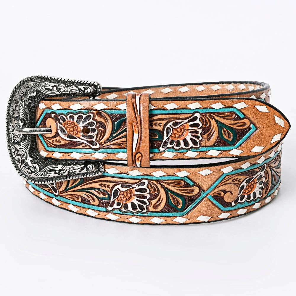 Tooled Leather Belt - White Daisy Floral with Teal Diamond Accents