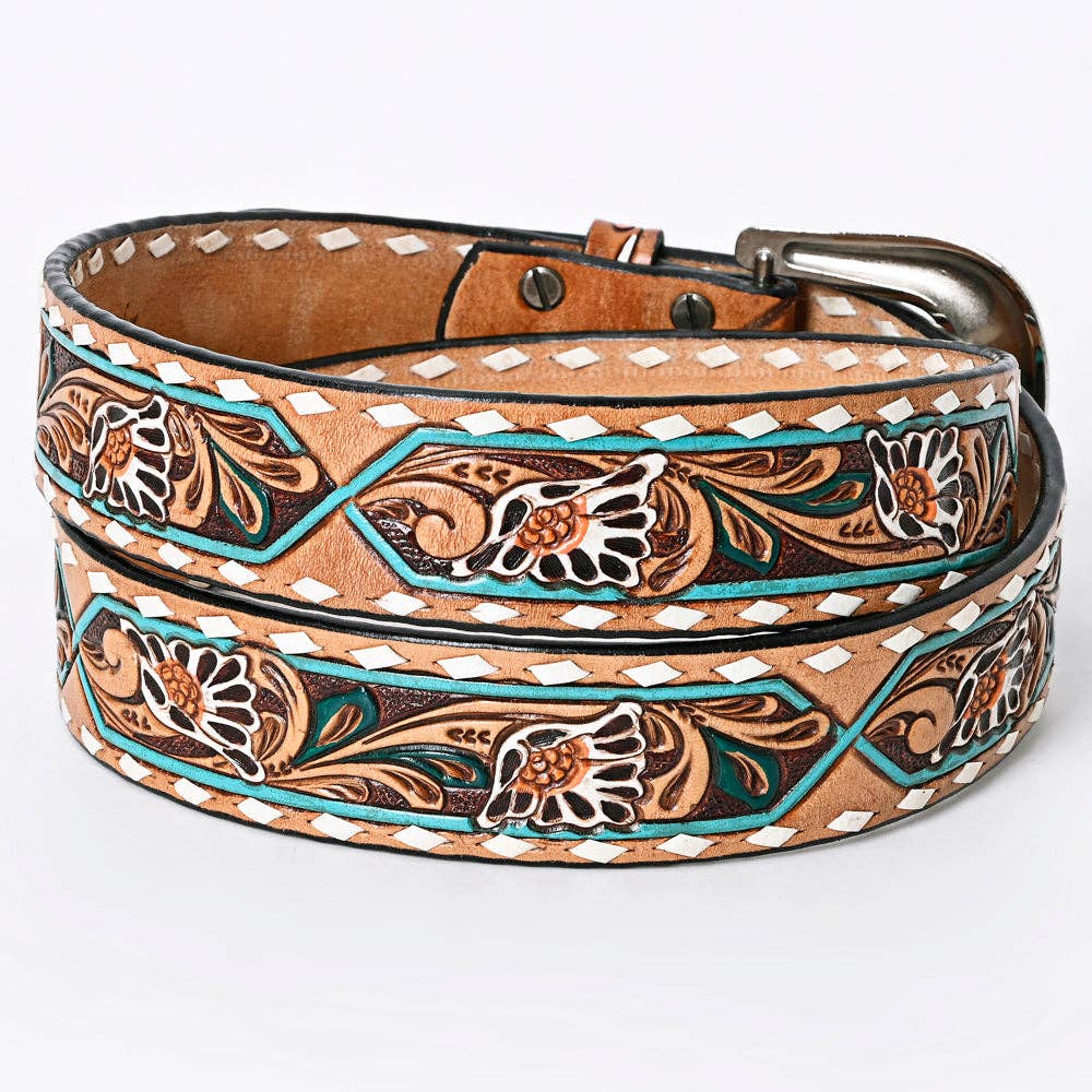 Tooled Leather Belt - White Daisy Floral with Teal Diamond Accents