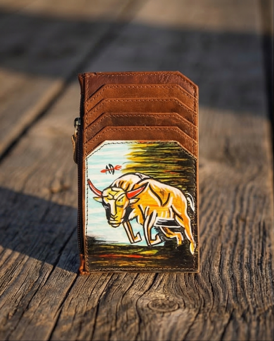 Hand-Painted Card Holder - Western Cowhide Leather Zip Wallet
