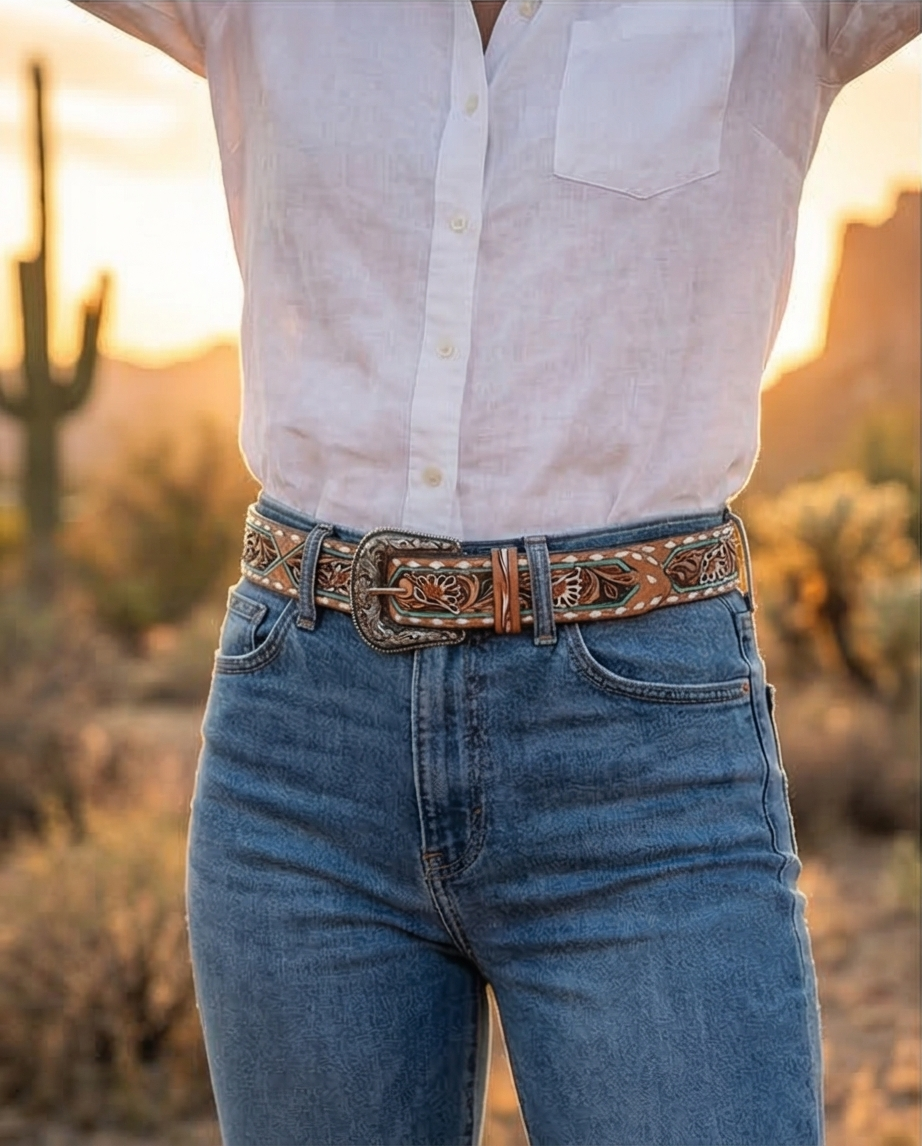 Tooled Leather Belt - White Daisy Floral with Teal Diamond Accents