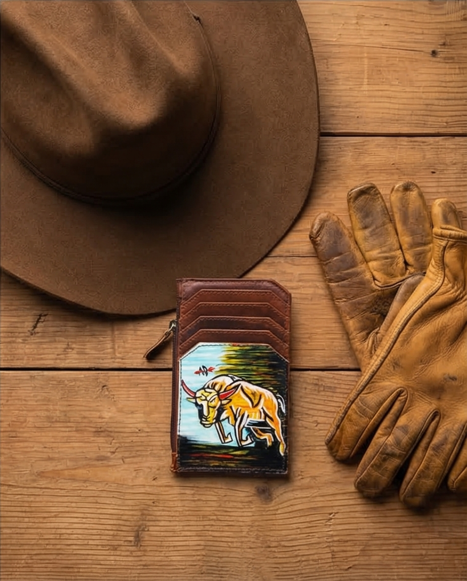 Hand-Painted Card Holder - Western Cowhide Leather Zip Wallet