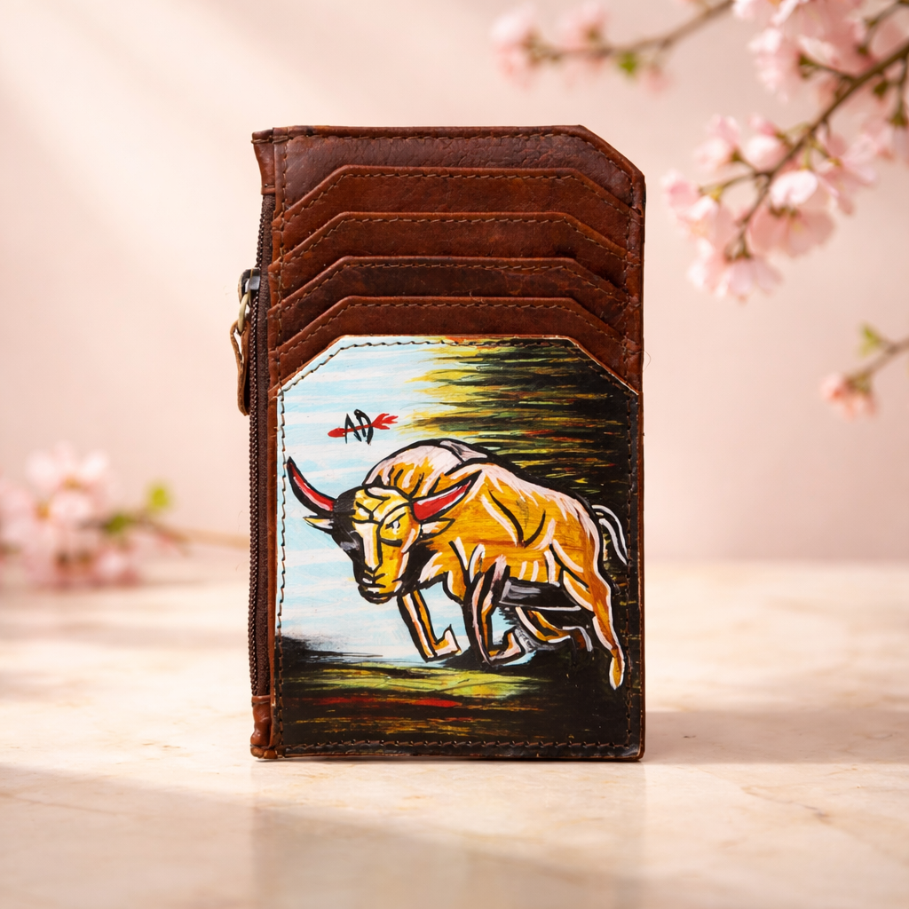 Hand-Painted Card Holder - Western Cowhide Leather Zip Wallet